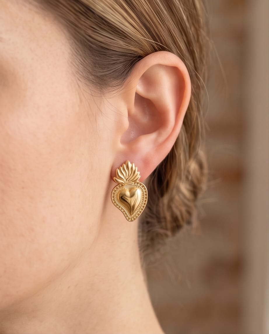 Sacred Heart Flame Stud Earrings.